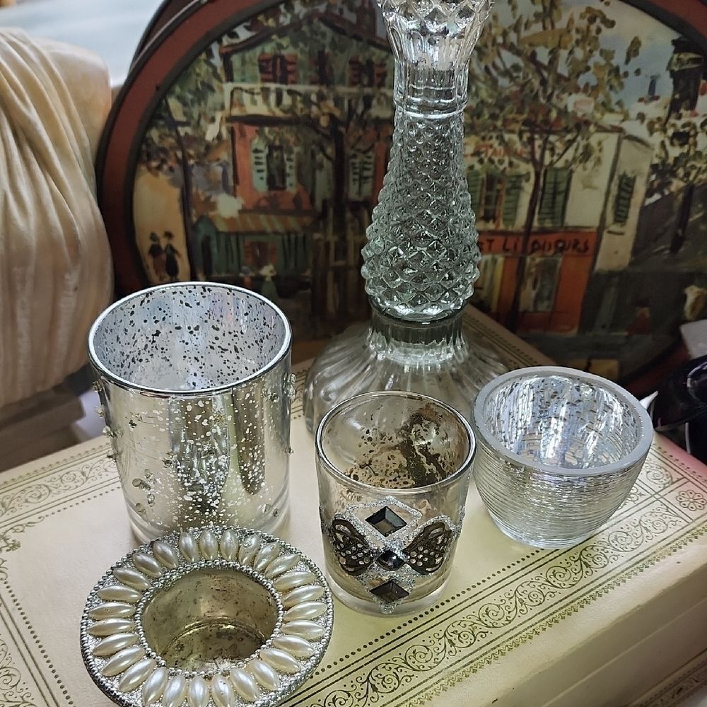 Holiday Glow Mercury Glass Candleholders Different Heights Textures #6F